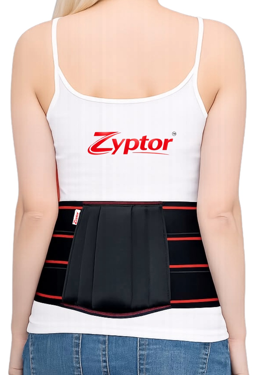 Model wearing the Zyptor Lumbo Sacral Support Belt, back view